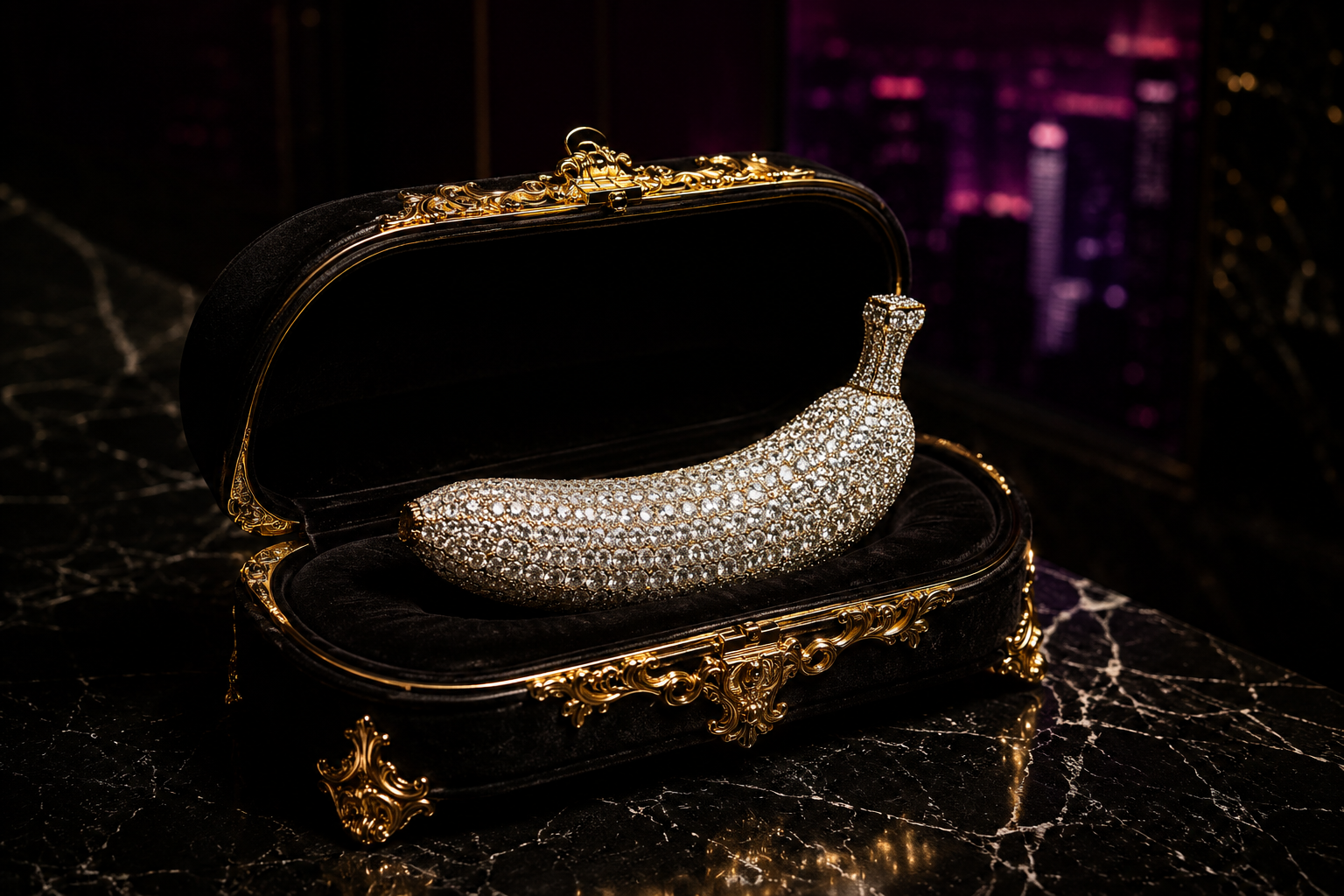 Diamond-encrusted banana displayed in a black velvet jewelry case