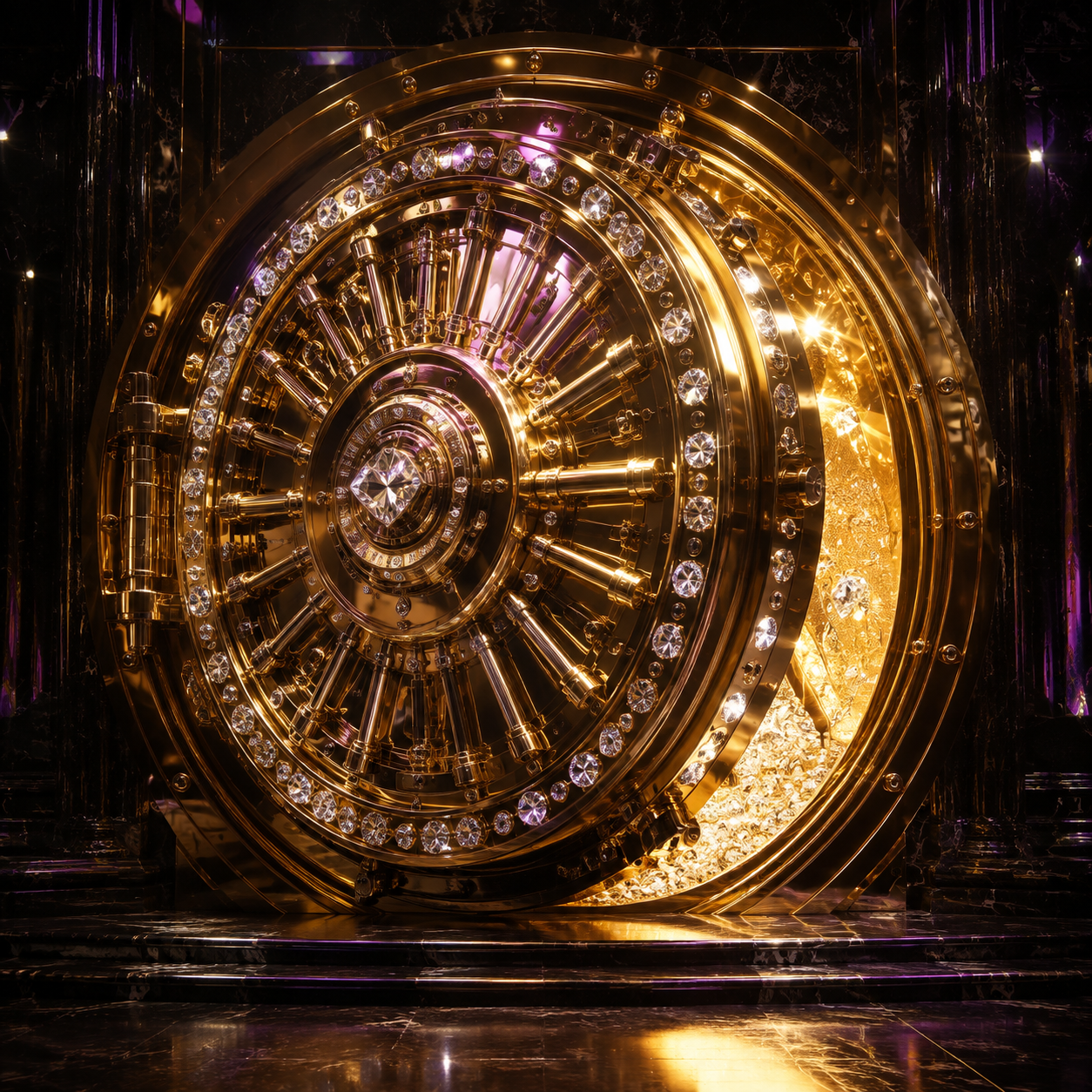 Monumental gold and diamond vault door opening into bright light