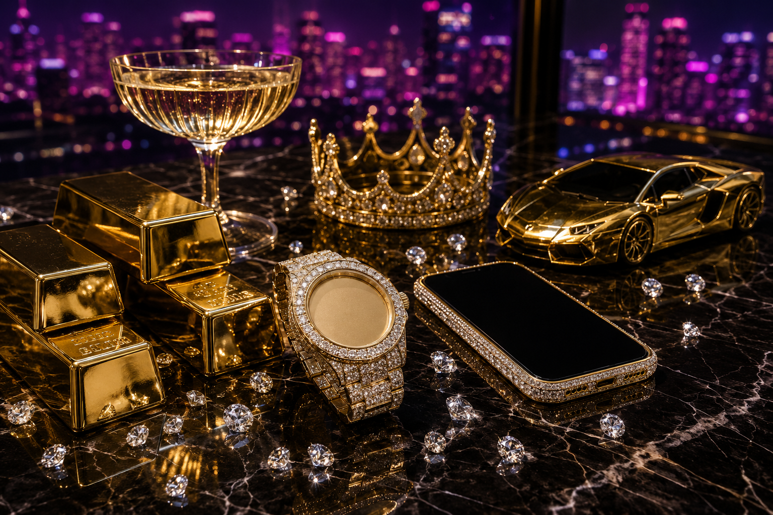 Gold bars, diamonds, watch, crown and luxury objects on black marble