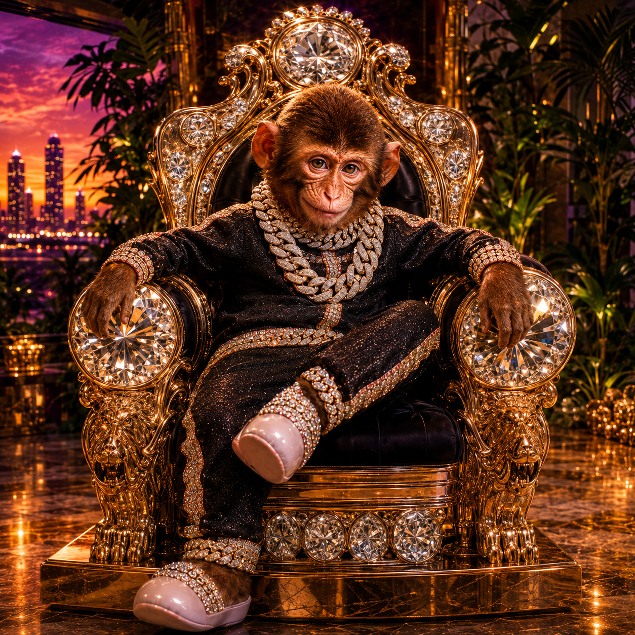 Rich Ape seated on an extravagant gold and diamond throne