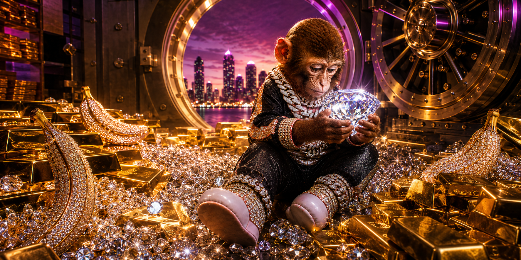 Rich Ape holding a huge diamond inside a gold-filled vault